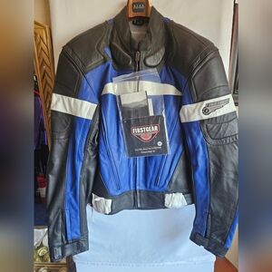 FirstGear Leather Motorcycle Jacket Blue Black Size 44 NWT